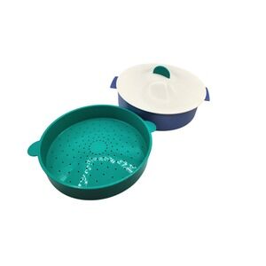 Tupperware Multi-Cooker Microwave Steamer 3-Piece Set Blue Teal White 10in 8522B